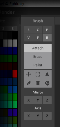 MagicaVoxel’s Brush Panel, with Modes on top, Tools in the middle, and Mirror/Axis options at the bottom.