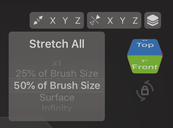 Stretch and Mirror controls from the top right corner of Voxel Max with the Stretch menu displayed. The Asset Manager button is in the very corner above the View Cube and view rotation lock.