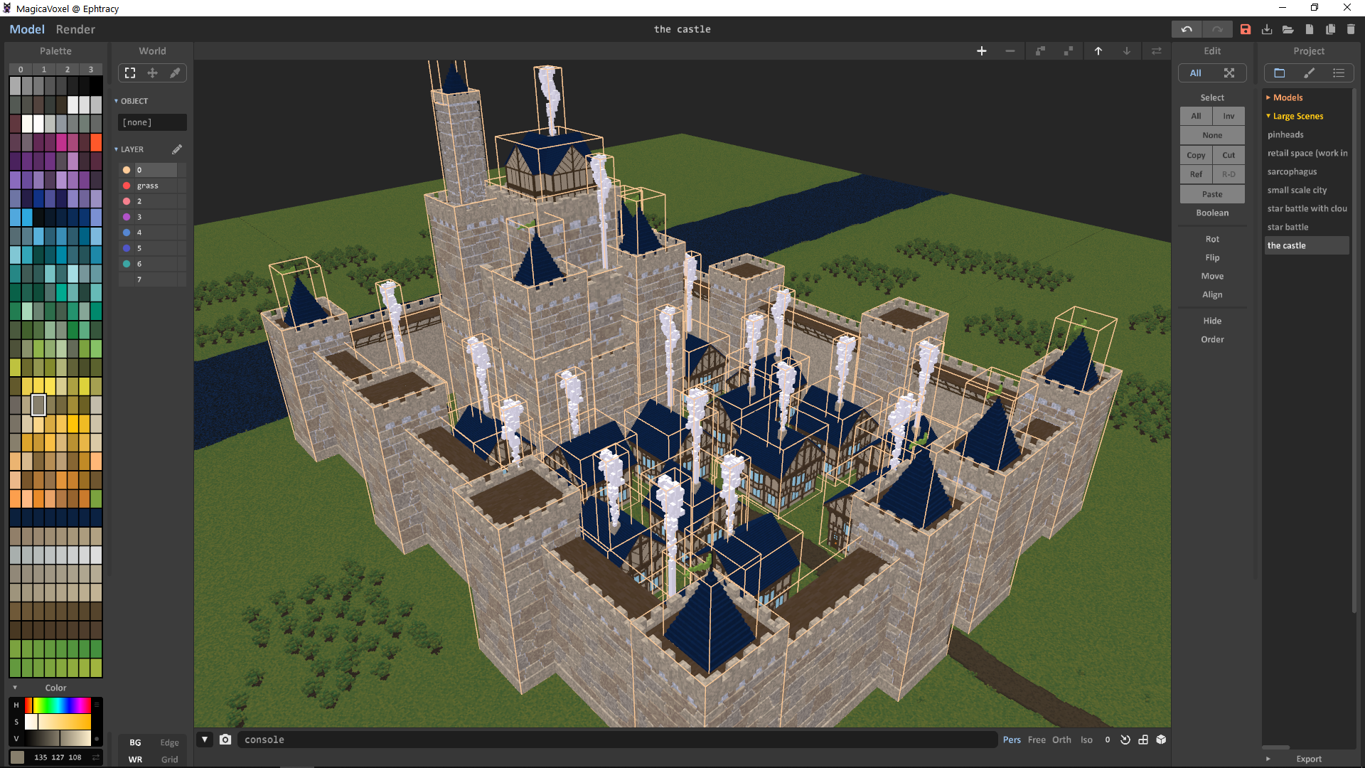 MagicaVoxel’s world editor, where you can assemble many objects to form a larger scene.