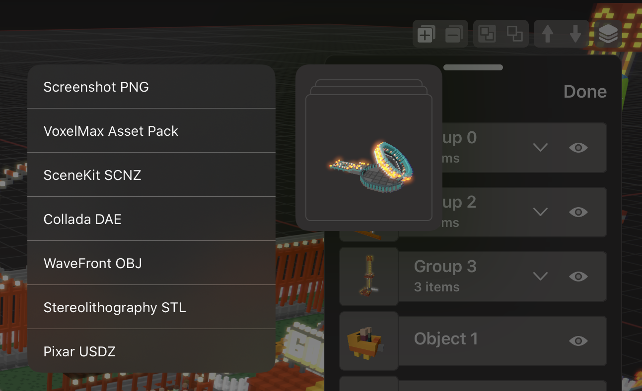 Voxel Max’s Export Menu with multiple object groups selected.