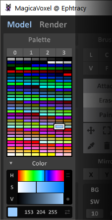 MagicaVoxel’s palette panel with color editor expanded and right-click menu over the swatches displayed.