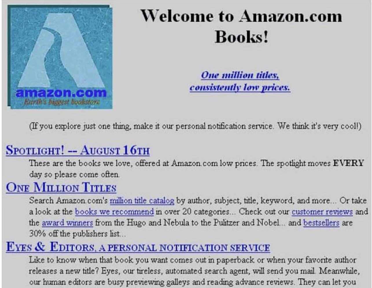 Amazon’s first web page. In 1995 it simply sold books.