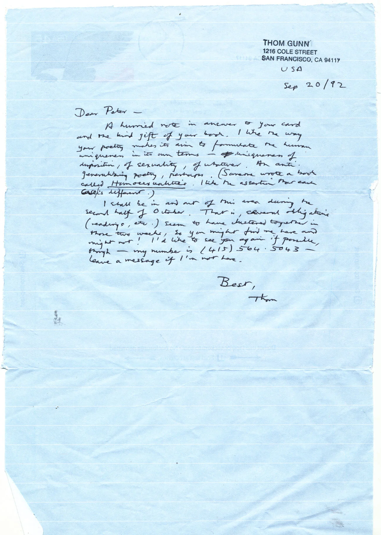 A letter from Thom Gunn