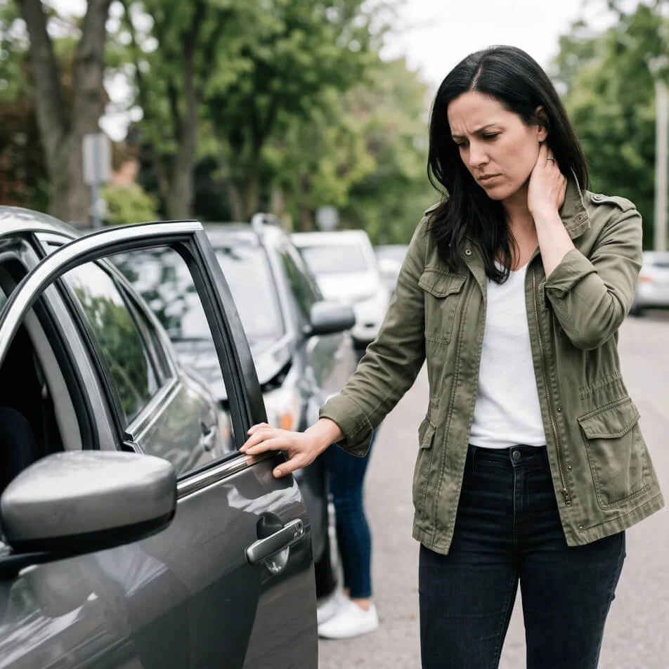 Whiplash treatment del city oklahoma patient standing beside car holding her neck in pain after accident