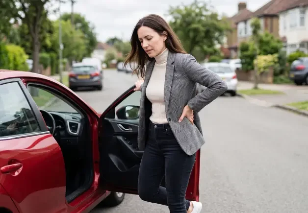 whiplash treatment del city oklahoma patient standing beside car holding her neck in pain after accident