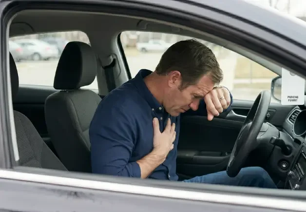 man holding chest in pain after rear-end car accident needing whiplash treatment in Guthrie, Oklahoma