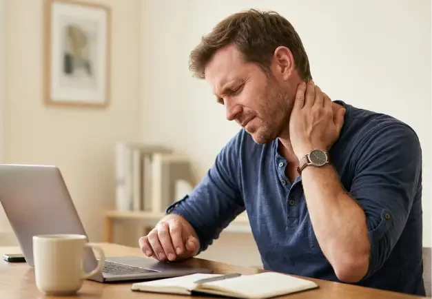Man at desk holding stiff neck after rear-end car accident, needing whiplash treatment in Norman, Oklahoma