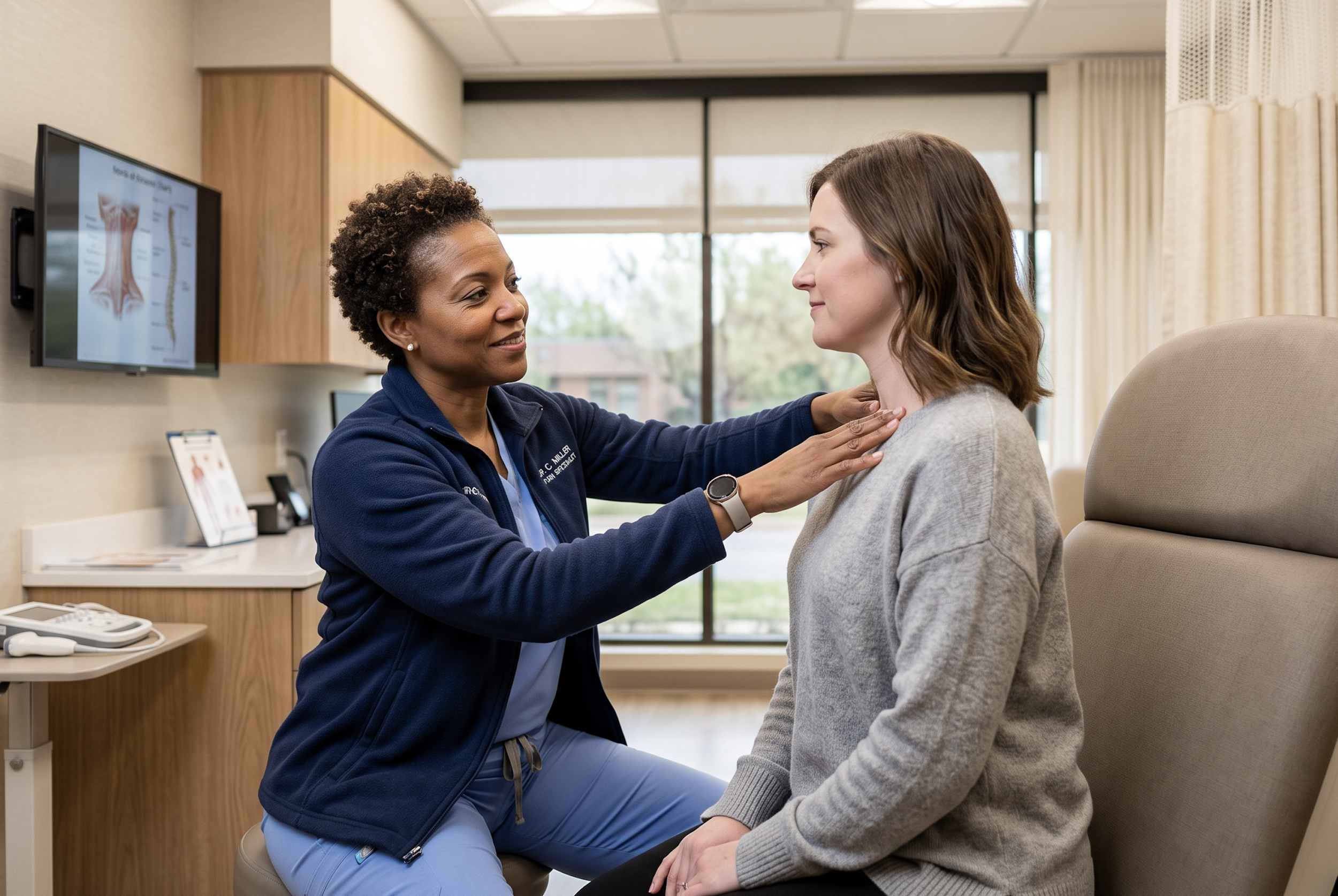 Pain specialist evaluating a patient at a car accident recovery clinic in The Greens NW Oklahoma City