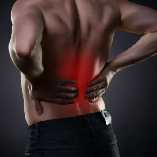 Man holding lower back in pain, representing treatment options from Del City pain management doctor.