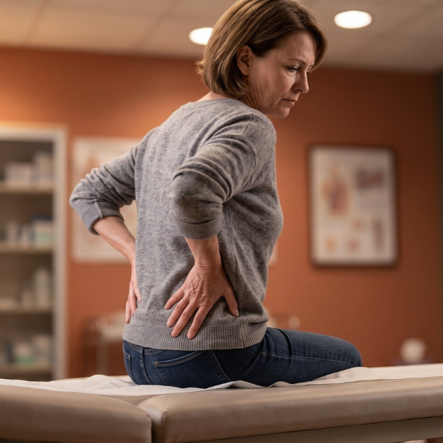Woman holding her lower back in pain, representing chronic pain treated by an Edmond pain management doctor