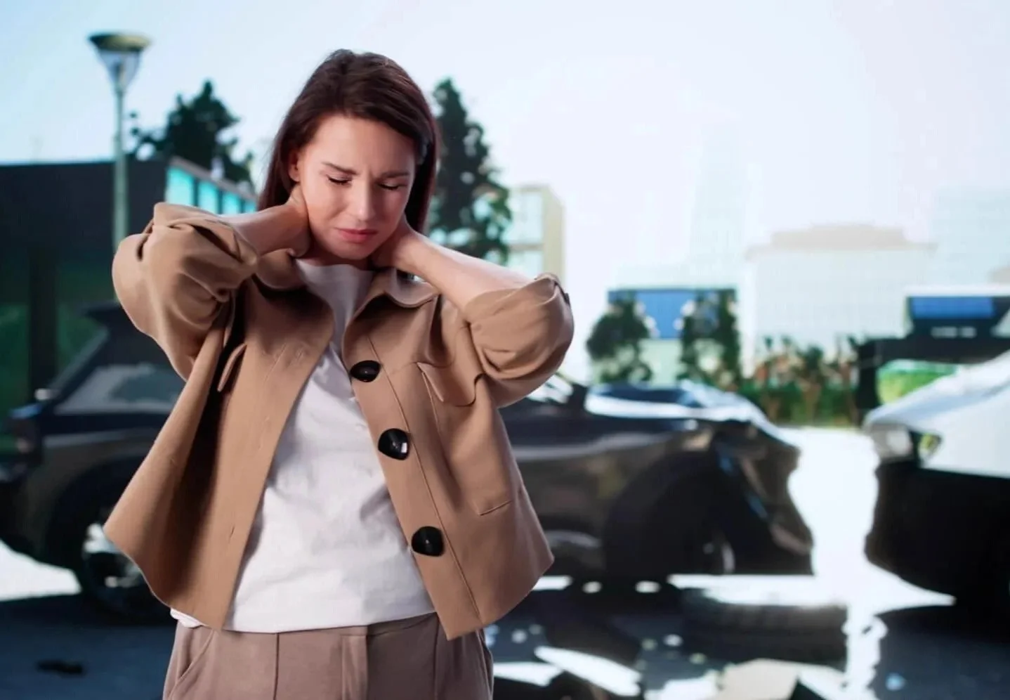 Woman standing outside of car holding neck in pain needing whiplash treatment in Oklahoma City