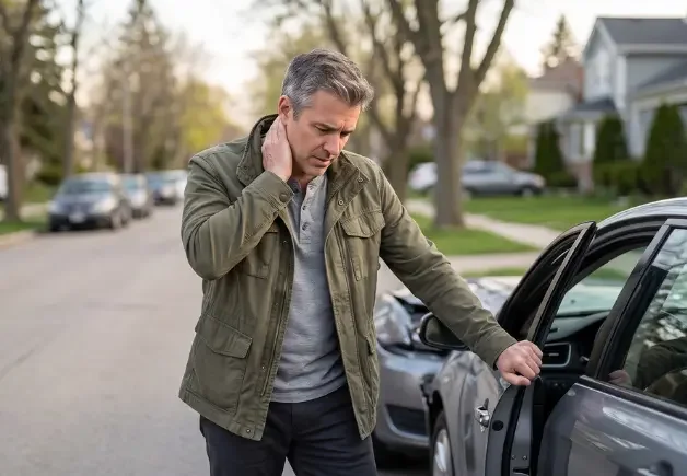 whiplash treatment midwest city oklahoma patient holding stiff neck after car accident