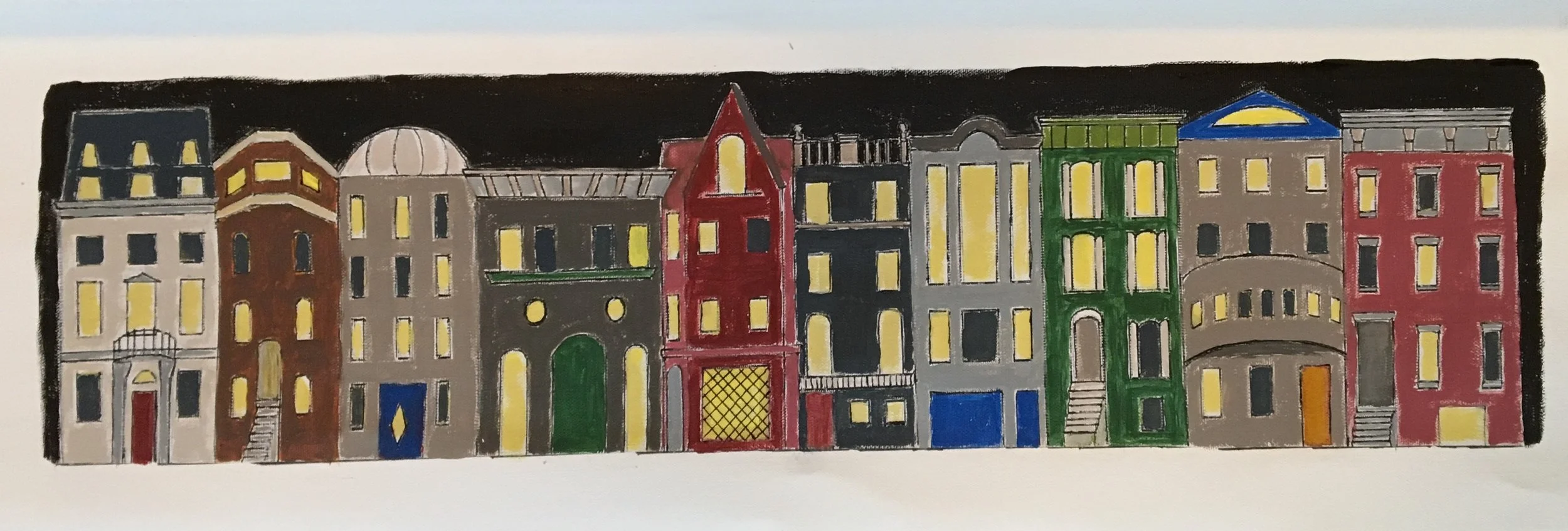 Townhouses, Night, 6" x 24", acrylic on canvas