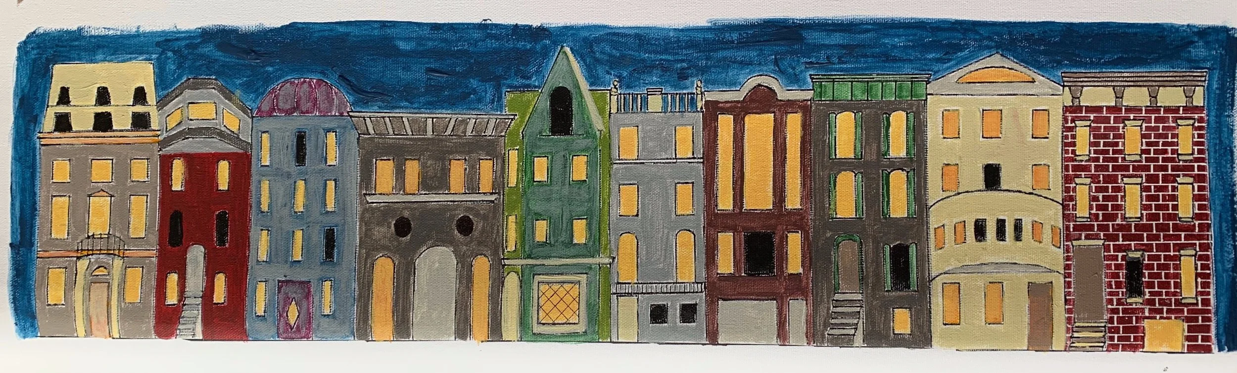 Townhouses, Early Evening, 6" x 24", acrylic on canvas