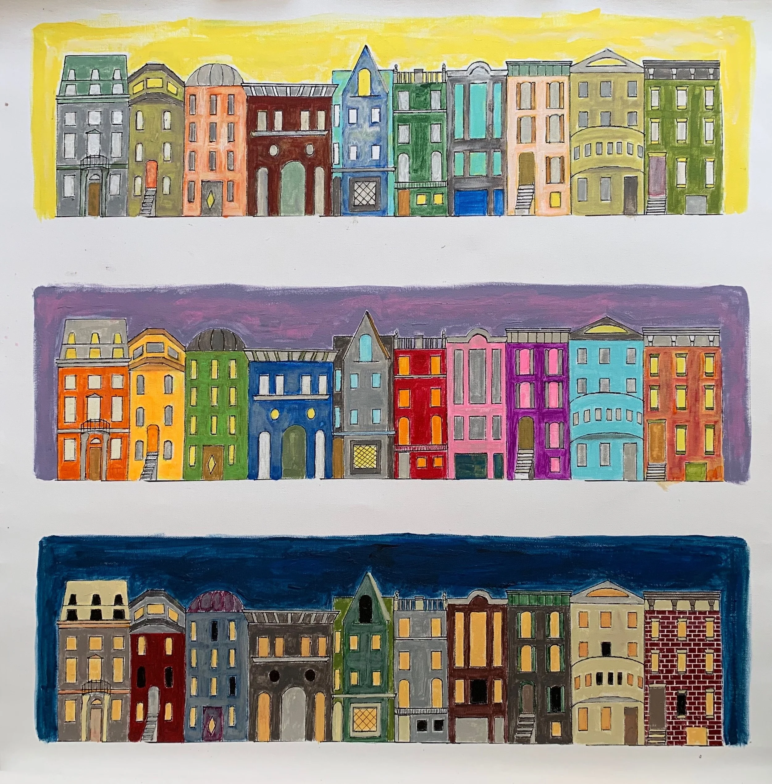 Townhouses, Series 2, Triptych, 27" x 27", acrylic on canvas