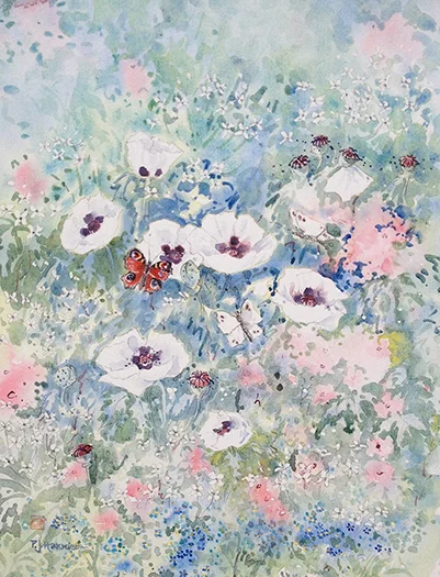 Peacock butterfly and white poppies 21.5” x 17” £250