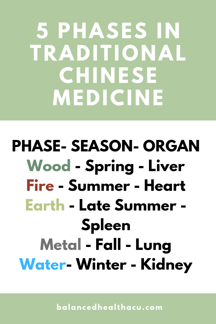 The 5 Phases in Traditional Chinese Medicine align with the seasons and correspond to a specific organ system.