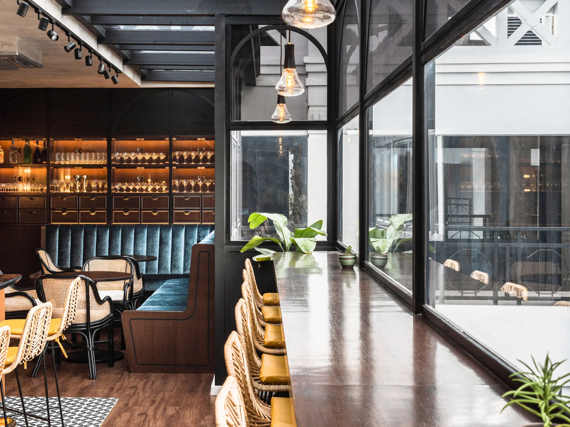   A variation of seating arrangements were created with play of heights and furniture design.  