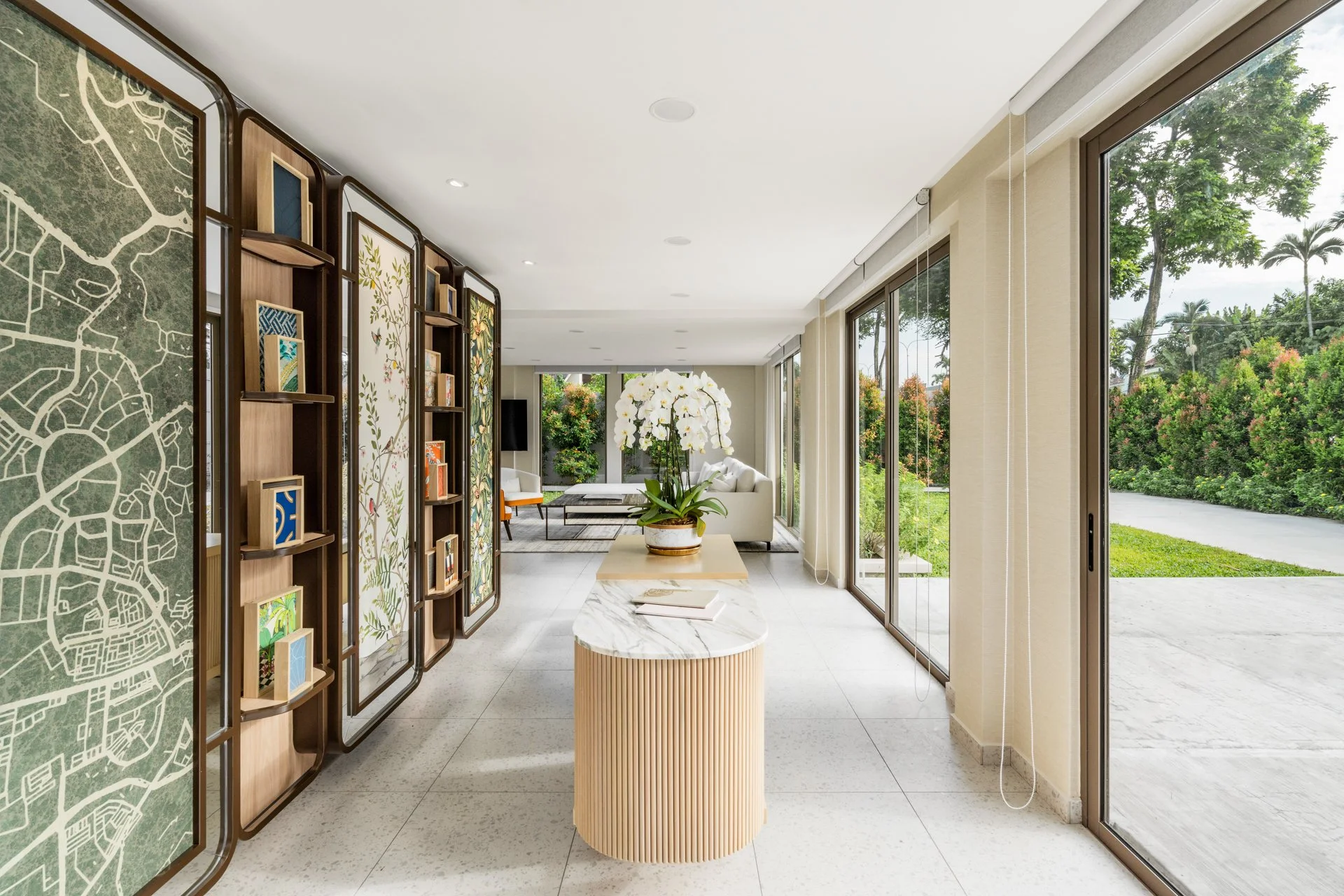  In the foyer, a curated selection of Waltex’s latest offerings adorn the framed wall panels and shelves. 