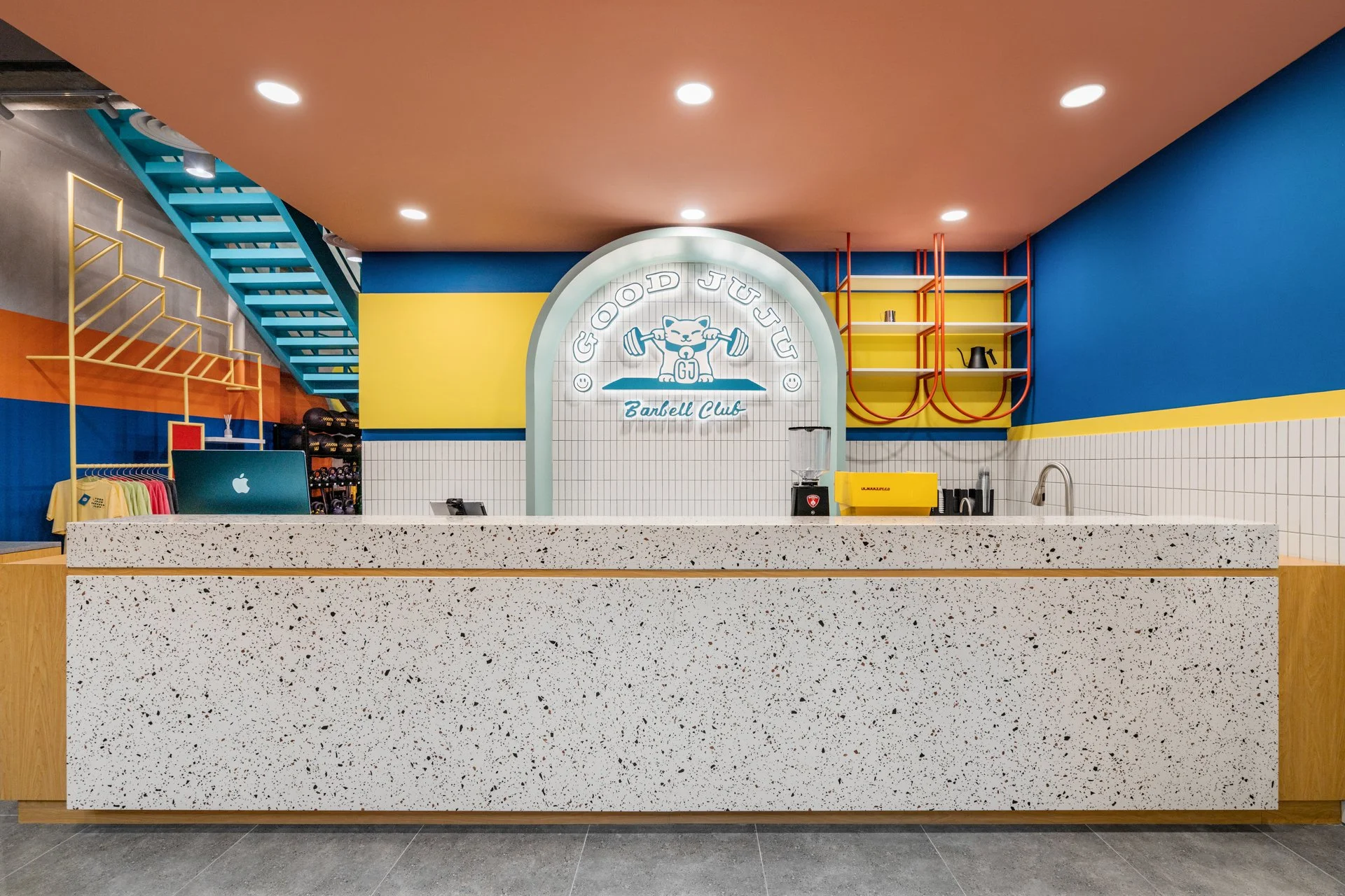  With its bold colour palette and quirky design elements, Good Juju Barbell Club is arguably one of the happiest-looking gyms in town. 