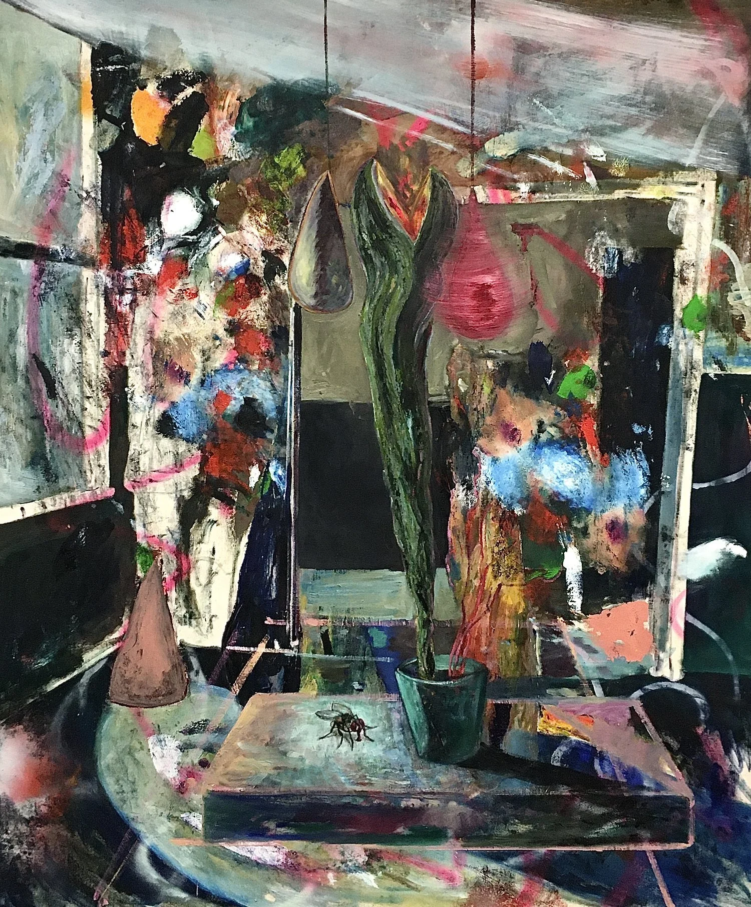    Fly Trap,   Oil on canvas, spray paint, 56 W x 68 H x 0.1 D in 