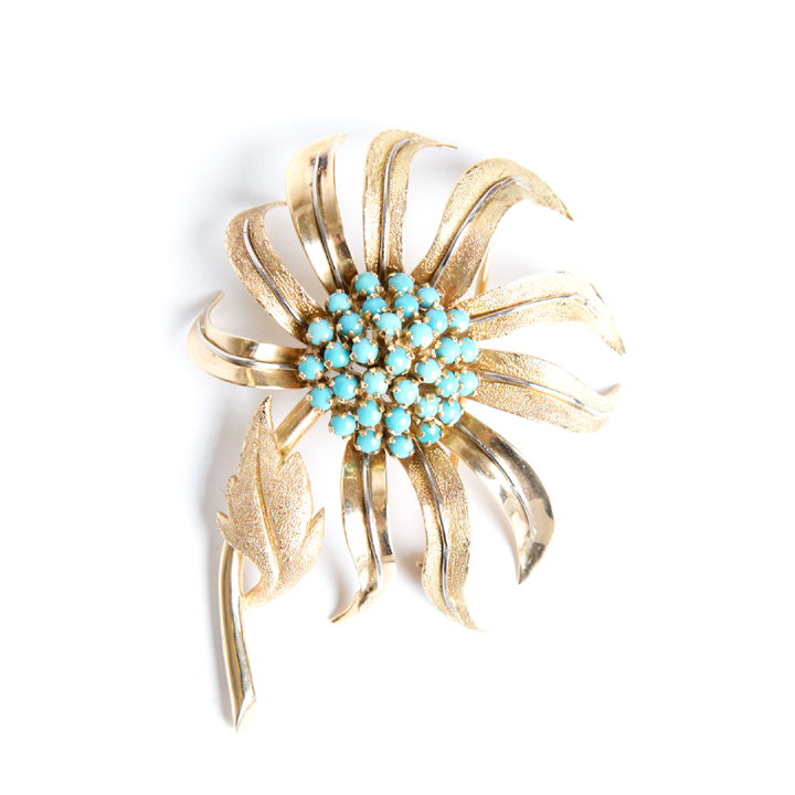 Gold and Turquoise Flower Brooch