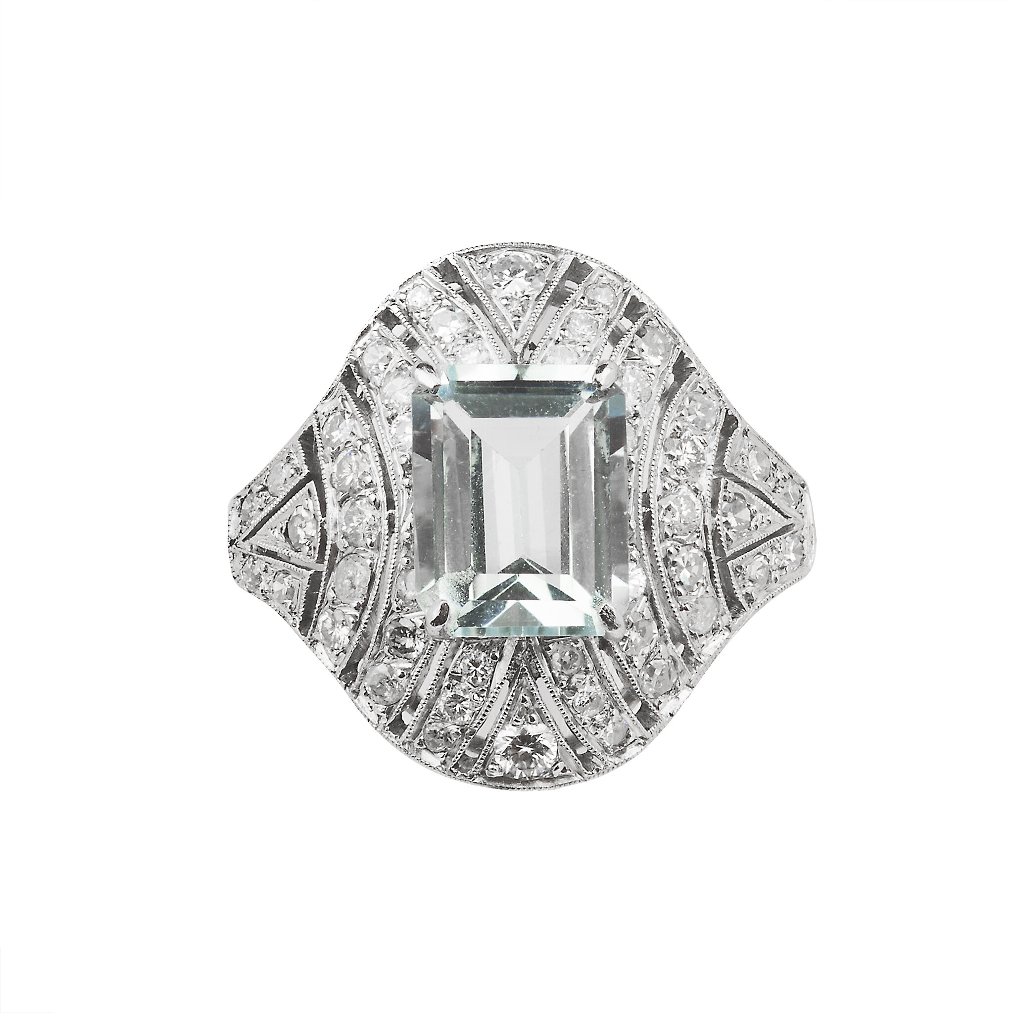 Art Deco Platinum, Diamond and Aquamarine Ring