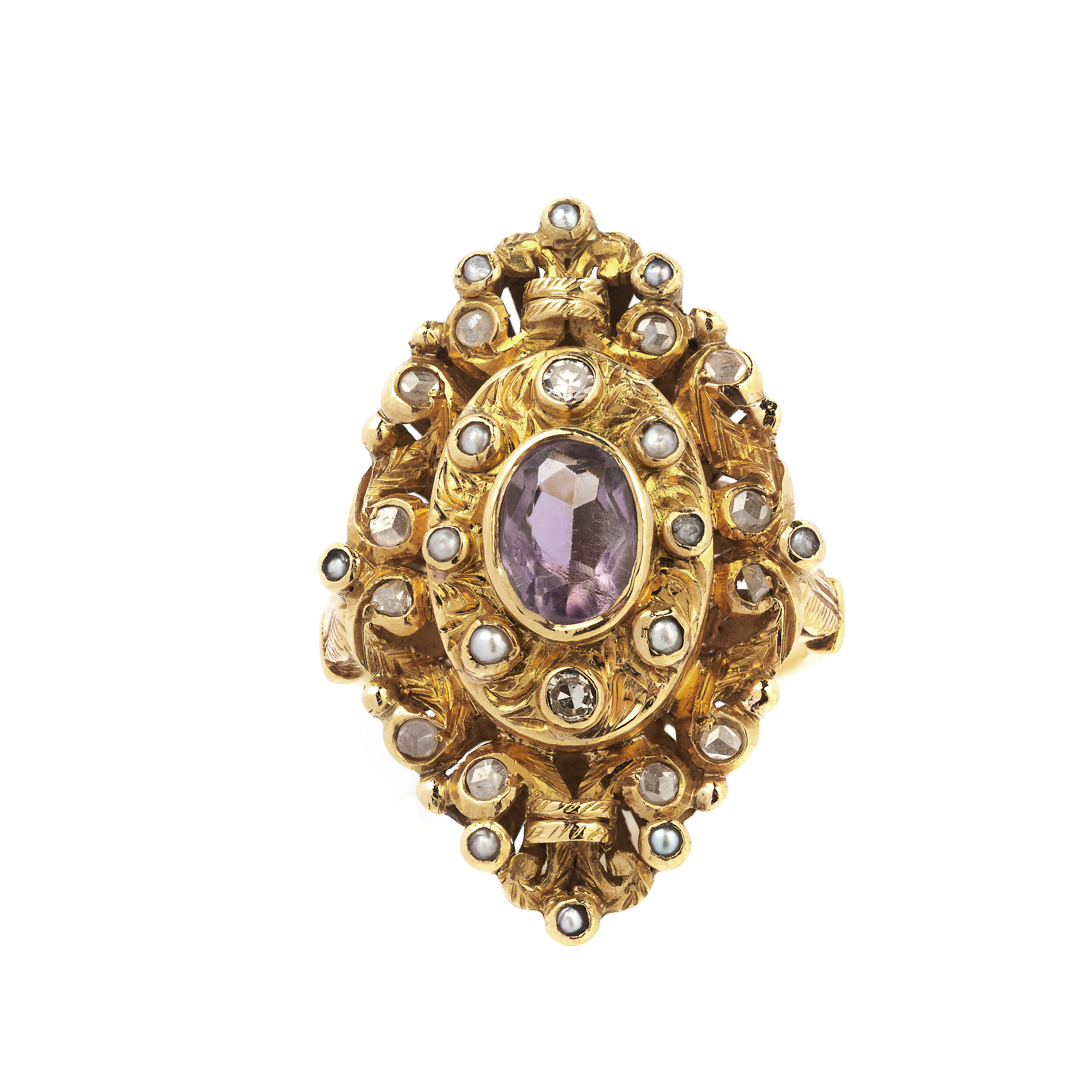 Antique Gold, Diamond, Pearl and Amethyst Ring