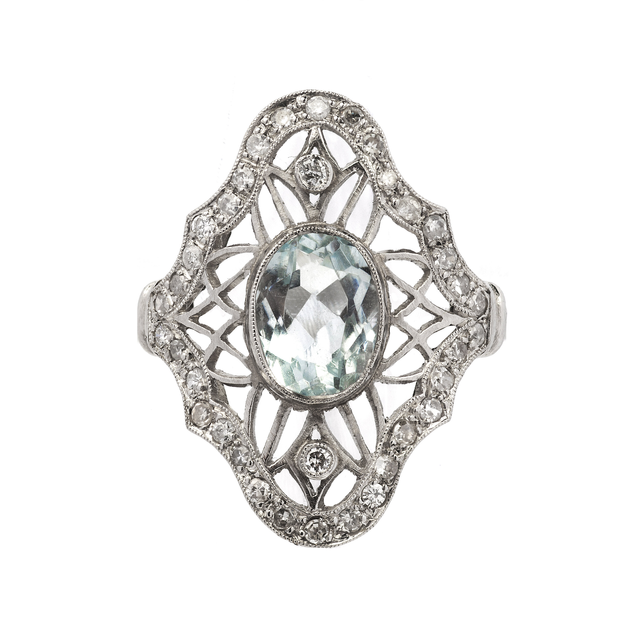 Art Deco Platinum, Diamond &amp; Aquamarine Ring