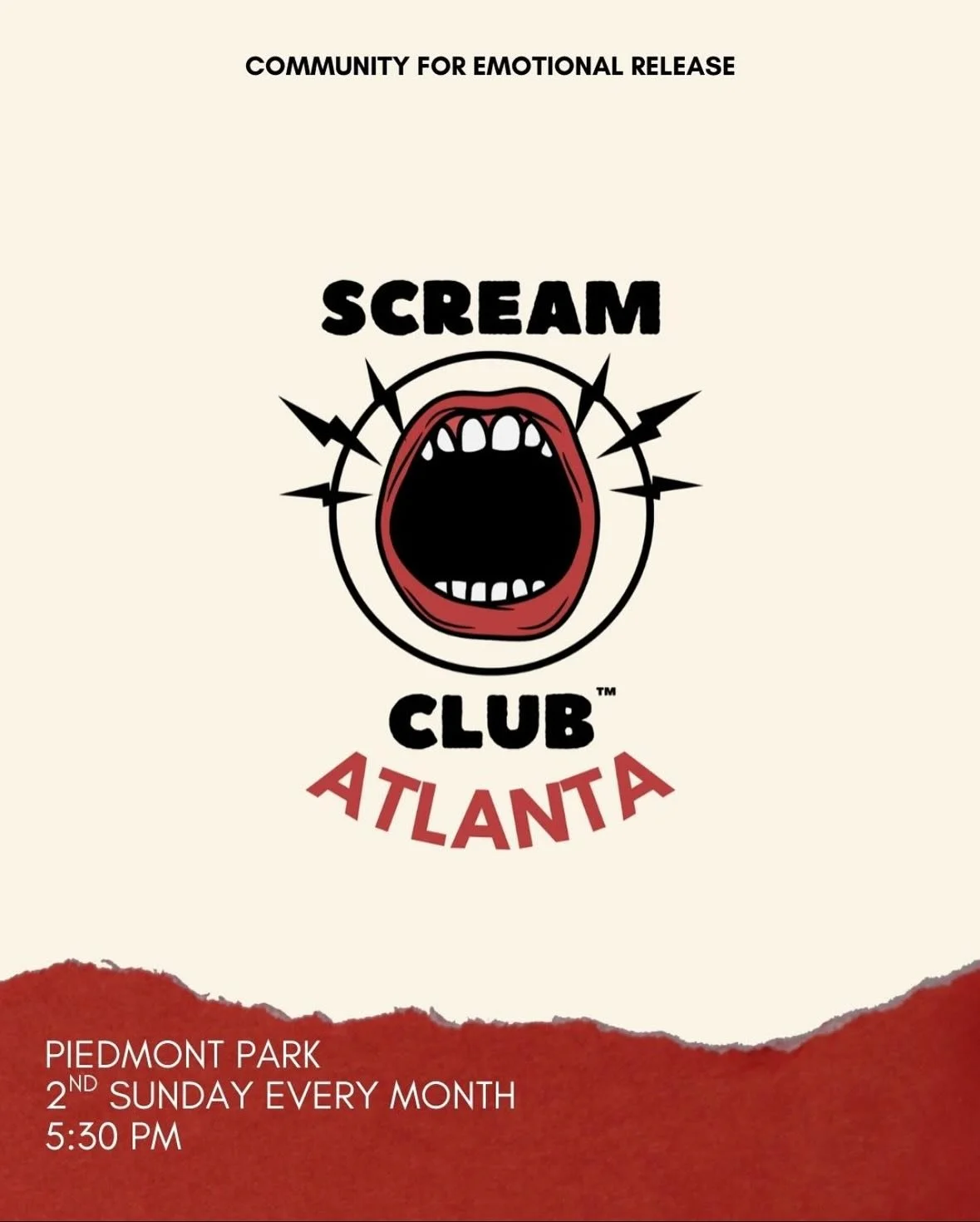 Come scream with us. 
2nd Sunday of every month in Piedmont Park.
5:30 pm.
See you there ❤️