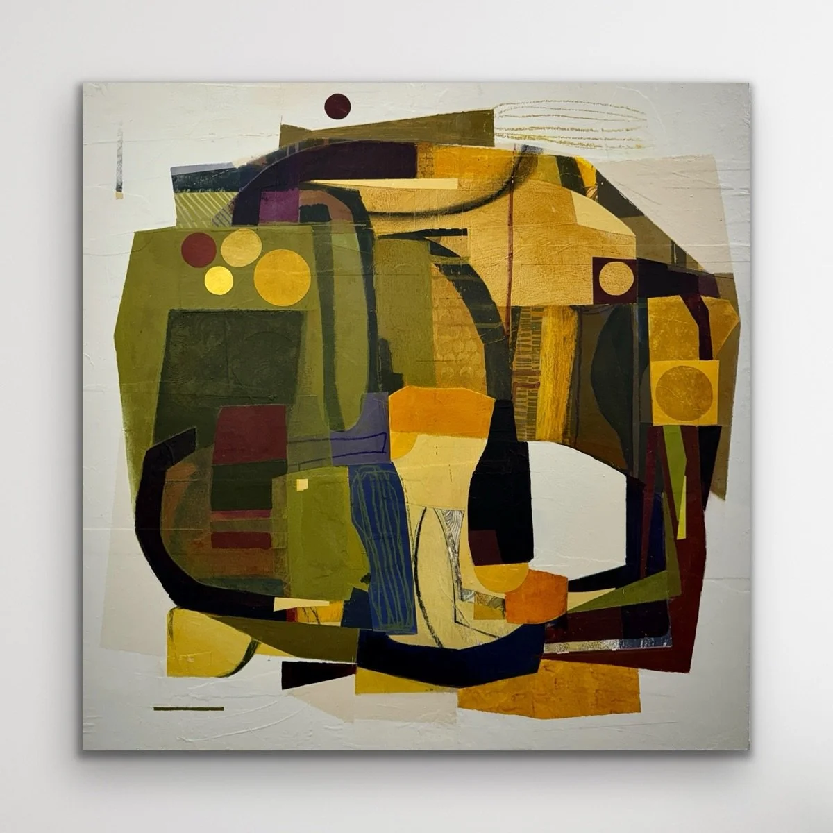 Unraveling 
24&rdquo;x24&rdquo; acrylic, collage and mixed mediums on panel

As the turmoil swirled around her, when everything seemed to be unraveling, she wrapped herself in the comfort and protection of the only place that felt safe.