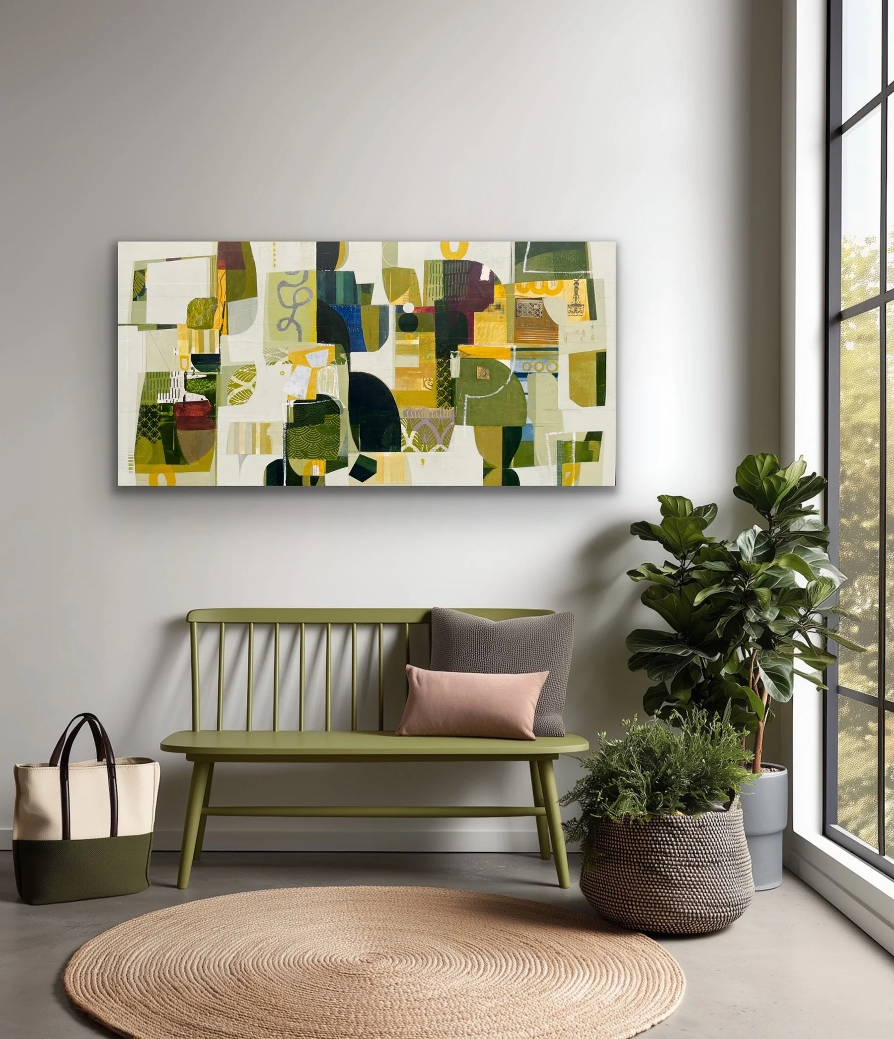 Home for the Summer 
30&rdquo;x 60&rdquo;
Acrylic, collage and mixed mediums on panel
Seen here in a virtual space by @artroomsapp 

This piece is currently available @julesplacegallery in #boston 

Art gallery, Art consultants, Interior Designer, ab