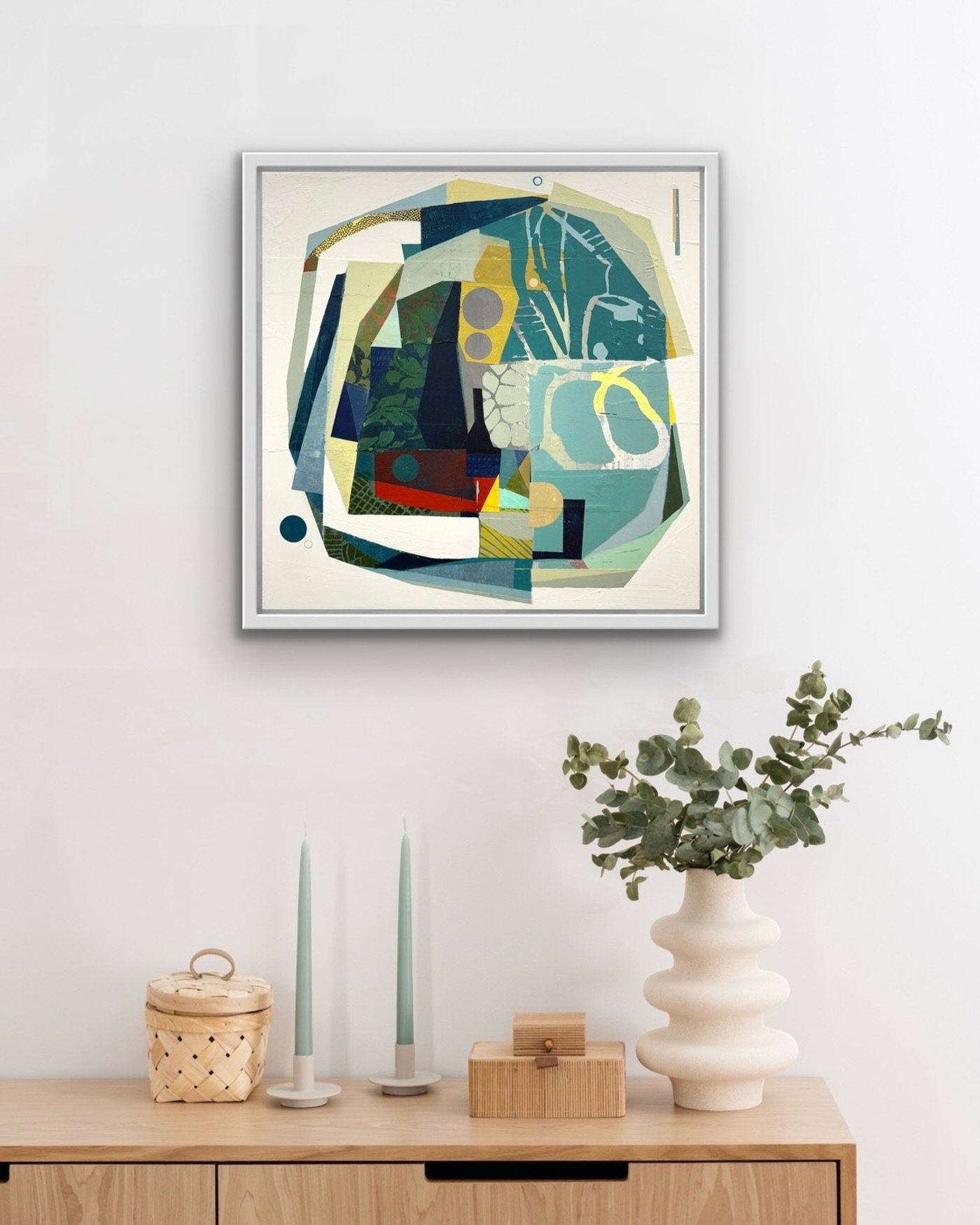 Emerald Blues
16&rdquo;x16&rdquo; acrylic, collage and mixed mediums on panel seen in a virtual space by @artroomsapp 

&ldquo;A painting, though, is a partnership. The artist begins a dialogue, and you finish it.&hellip;And here&rsquo;s the incredib
