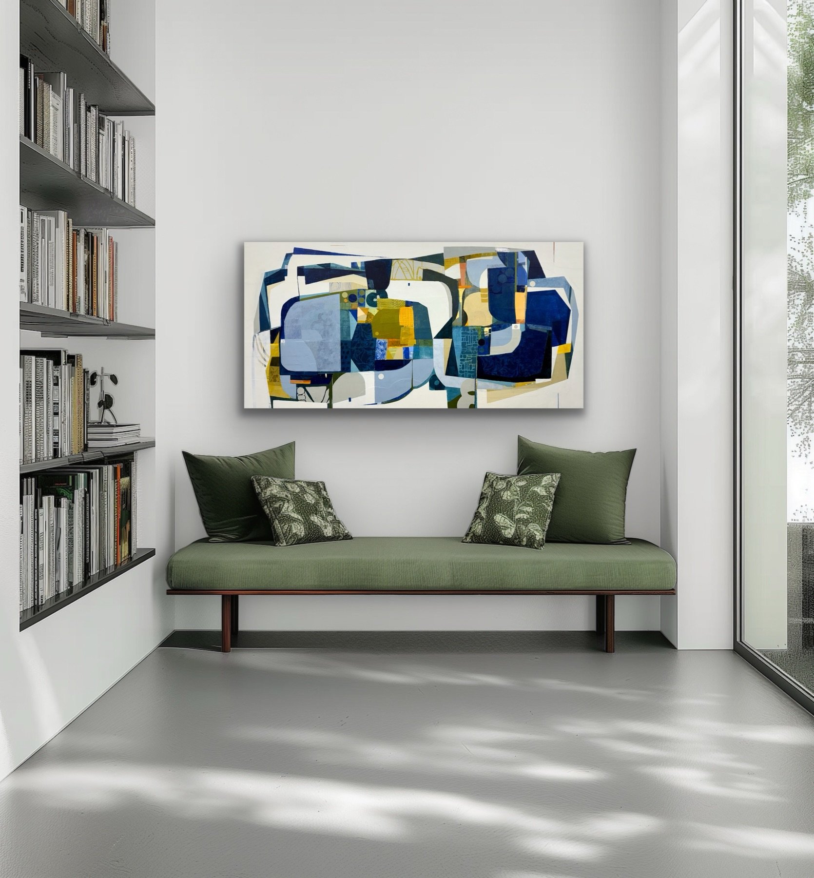 Dangling Conversation 
30 x 60&rdquo; acrylic, collage and mixed mediums on panel
Shown here in virtual space by @artroomsapp 

This piece is currently on view @leftbankgalleries in Wellfleet. If you happen to be visiting Cape Cod this weekend why no