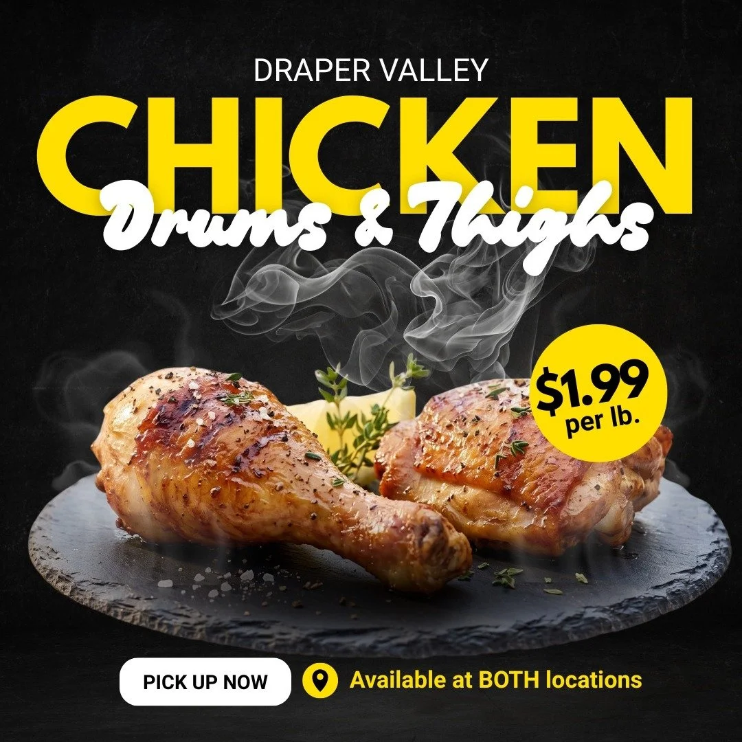 Stock your freezer and save!  𝗝𝘂𝘀𝘁 $𝟭.𝟵𝟵/𝗹𝗯! 👉 Your Choice: 𝗙𝗿𝗼𝘇𝗲𝗻 𝗖𝗵𝗶𝗰𝗸𝗲𝗻 𝗗𝗿𝘂𝗺𝘀 OR 𝗖𝗵𝗶𝗰𝗸𝗲𝗻 𝗧𝗵𝗶𝗴𝗵𝘀

At this price, it&rsquo;s the perfect time to clear out some freezer space and stock up. Whether you're bakin
