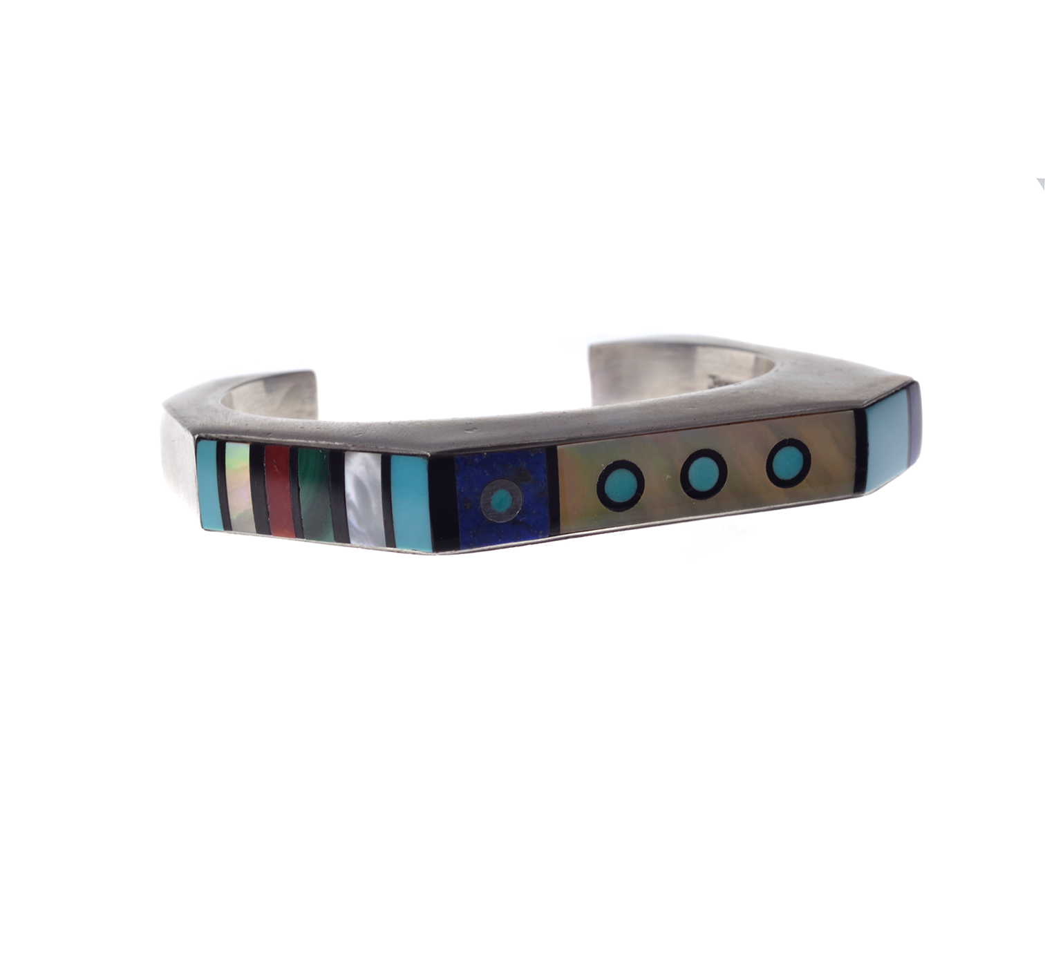 Jesse Monongya Silver Cuff, Coral, Lapis, Malachite, Mother of Pearl, Onyx, Turquoise, circa 1980