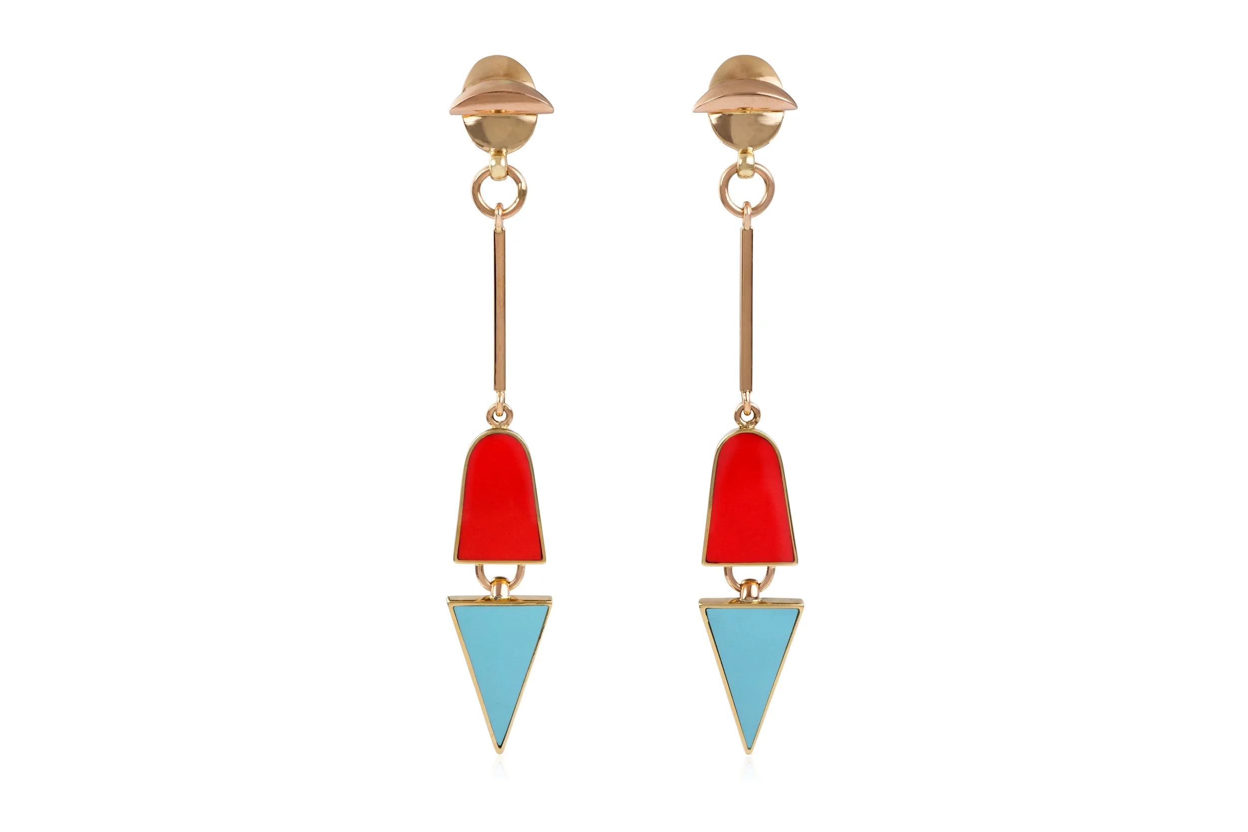 A pair of red and blue enamel and 18 karat yellow and rose gold earrings, by Giorgio Facchini, 2017