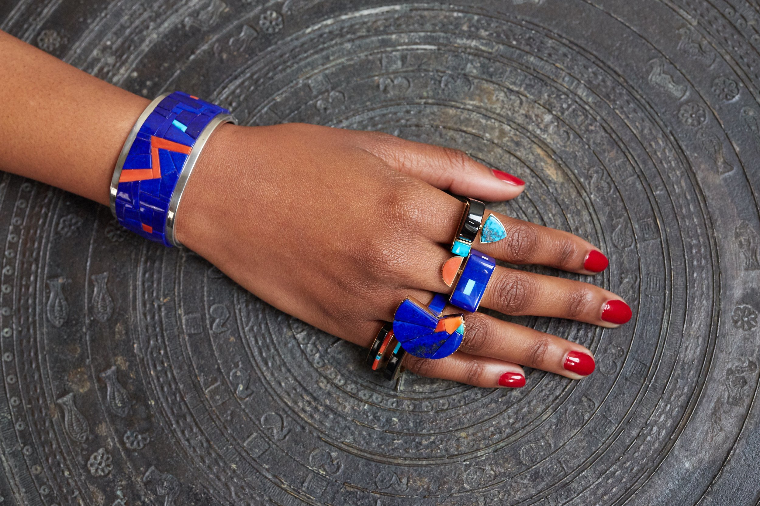 Lapis lazuli, coral, turquoise inlay, and sterling silver bracelet by Richard Chavez