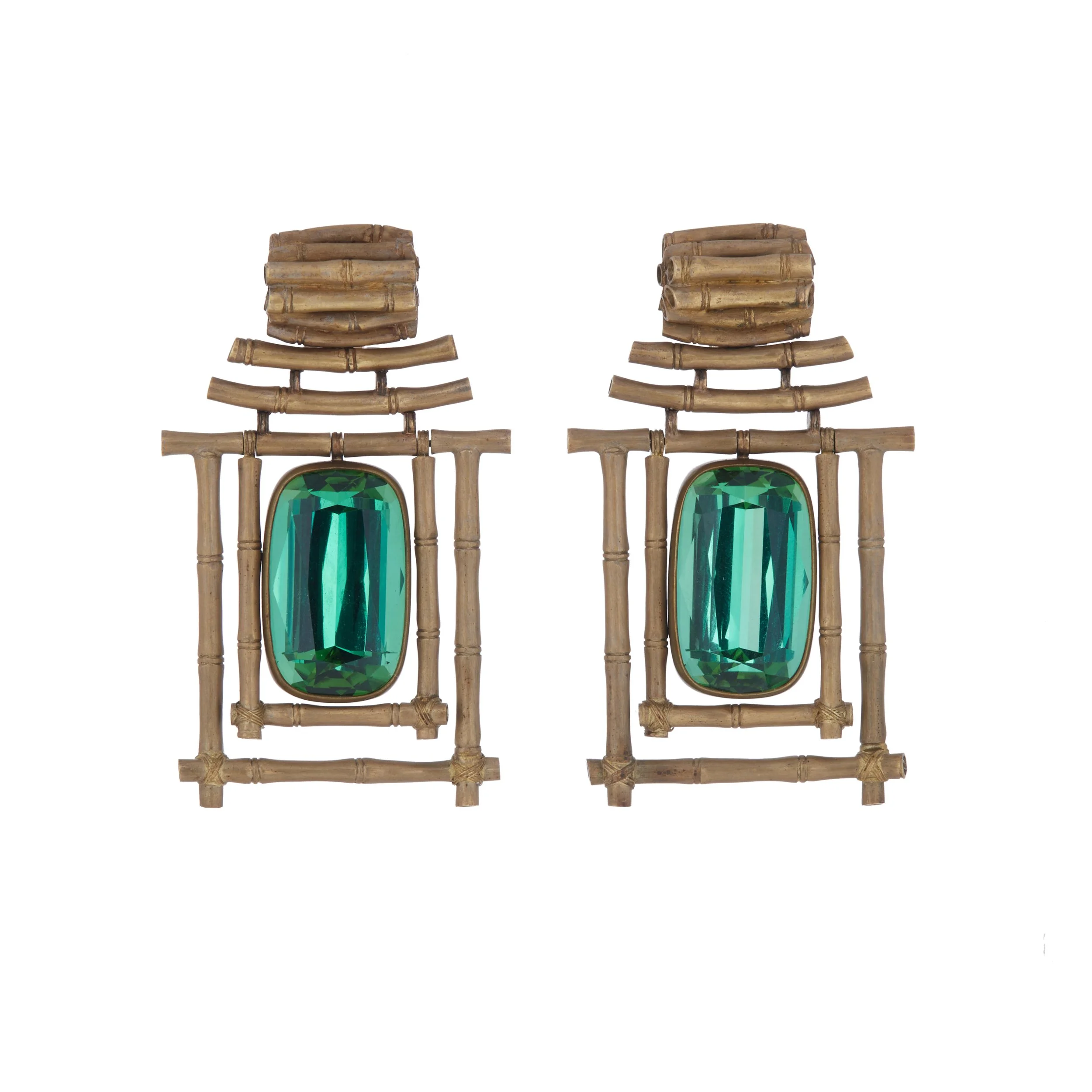 Hemmerle Green Tourmaline, White Gold, and Brass Pendant Earrings