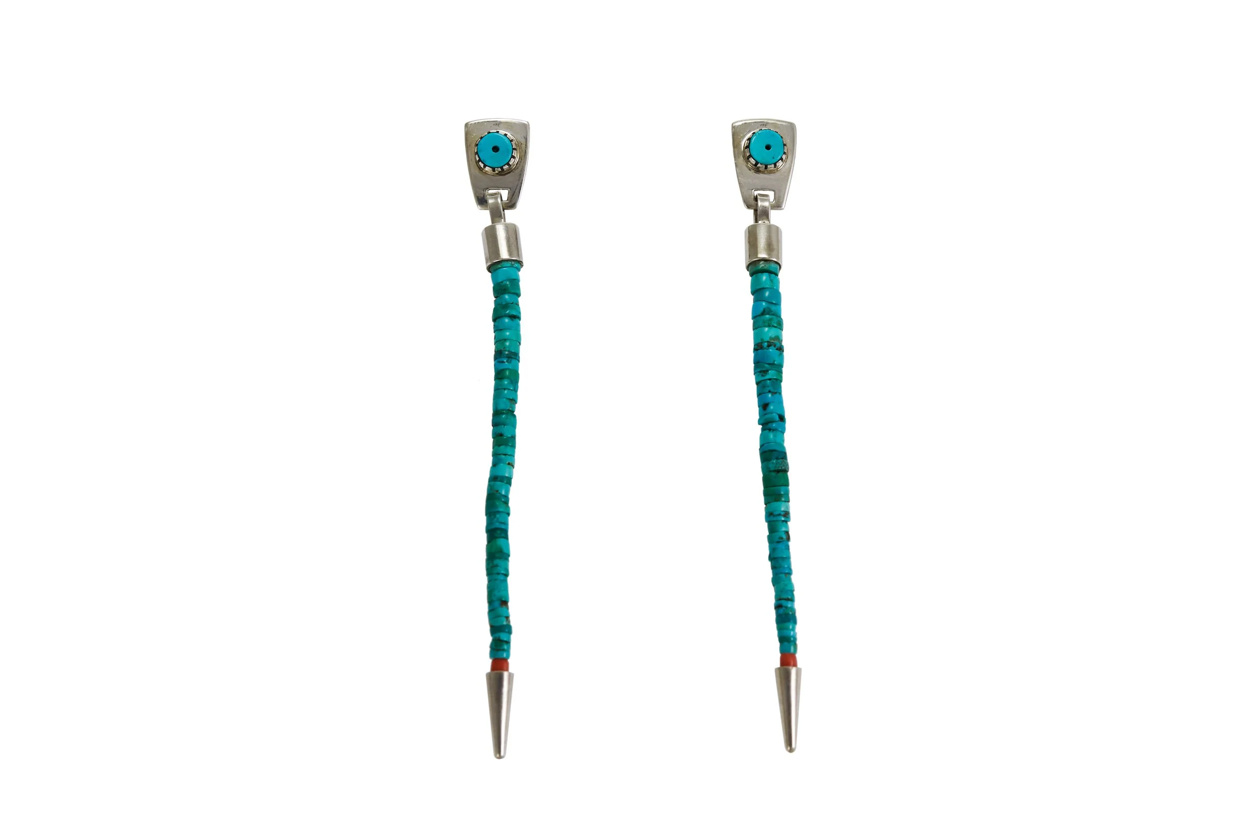 Sonwai Turquoise Heishi Bead, Coral, and Sterling Silver Jocla Earrings, c. 2012