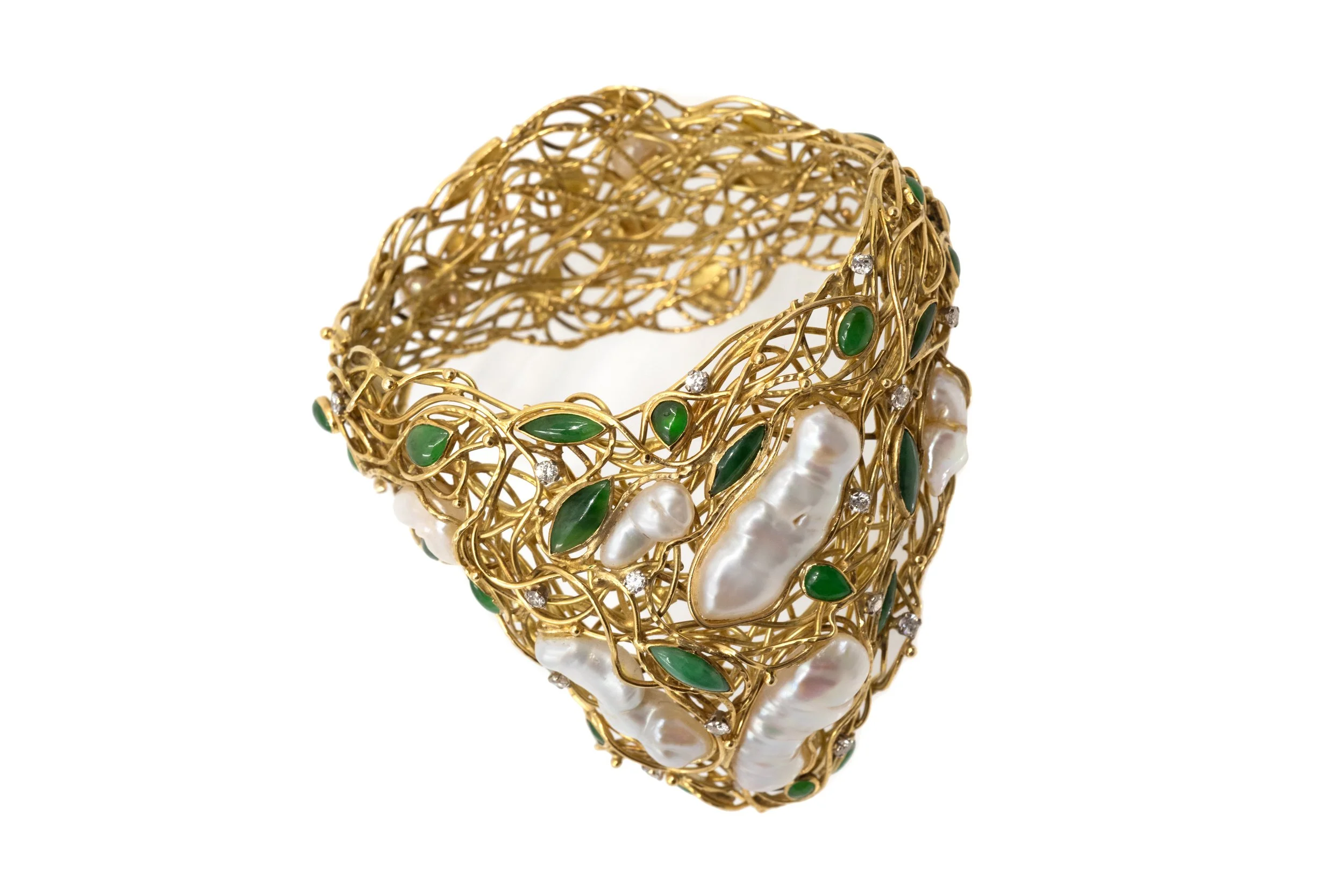 David Thomas Diamond, Pearl, Jadeite, 18K Gold Bracelet, c. 1970