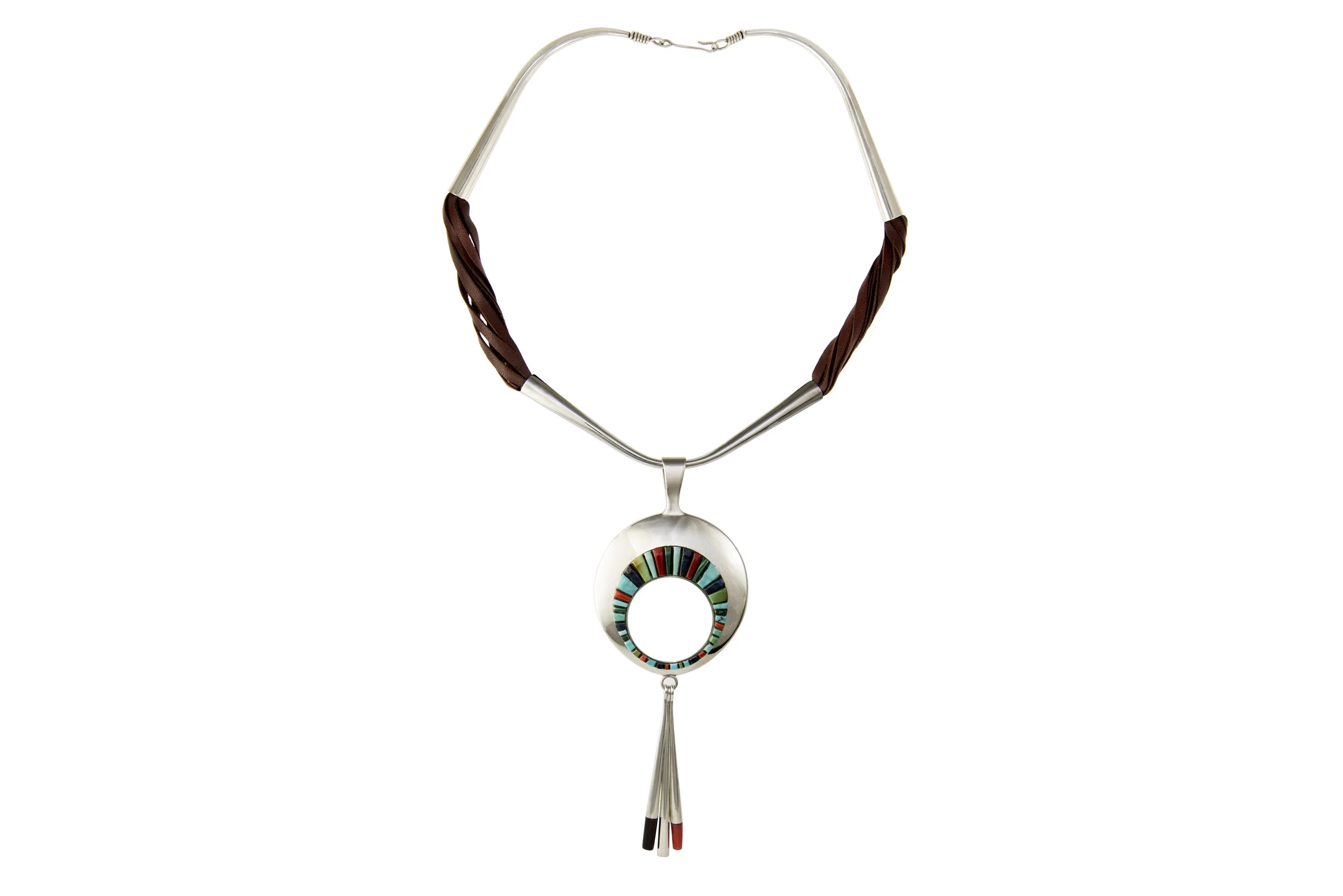 Charles Loloma Coral Multi-Stone and Wood Inlay Pendant Necklace, 1972