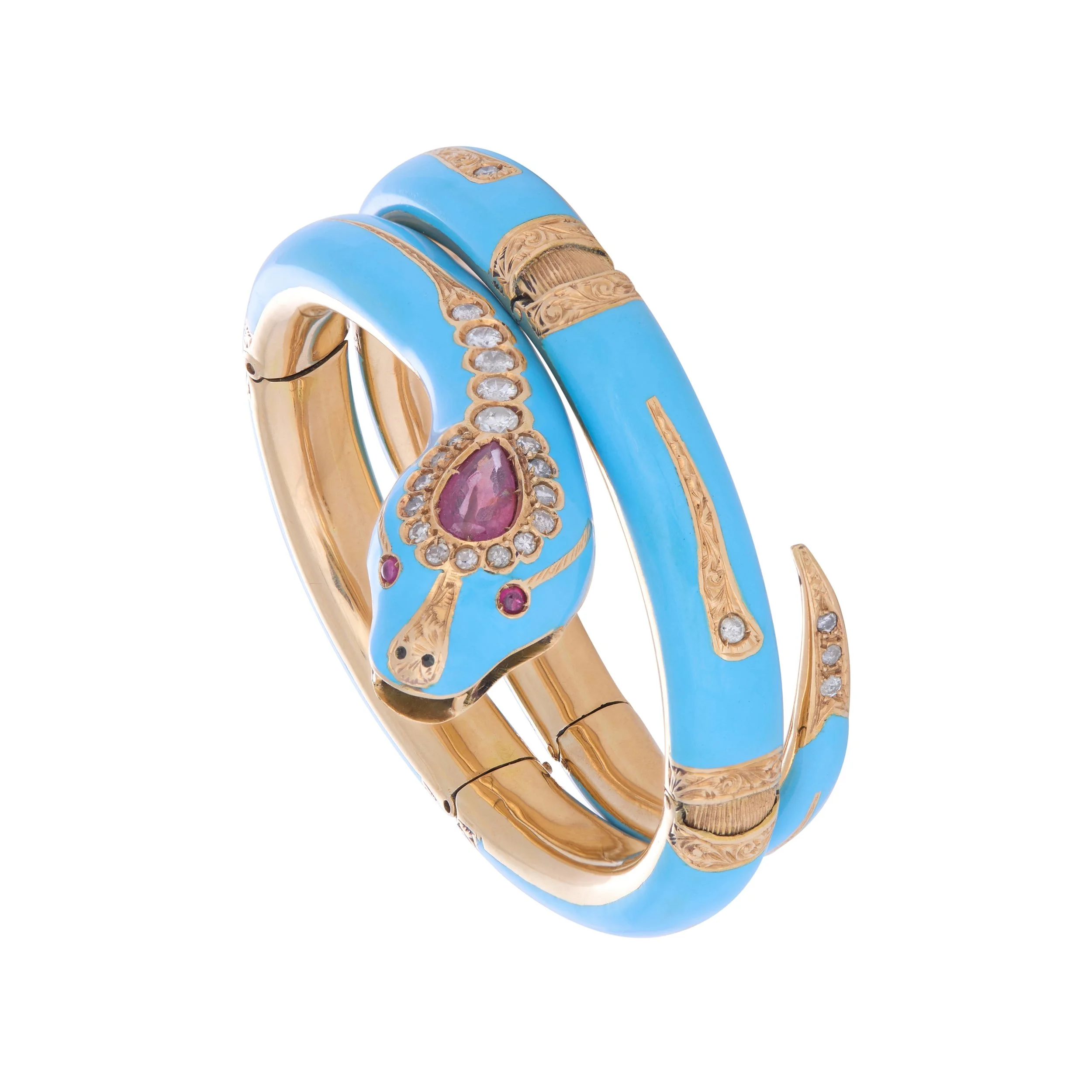 Diamond, Ruby, Enamel, and 18K Gold Victorian Snake Bracelet