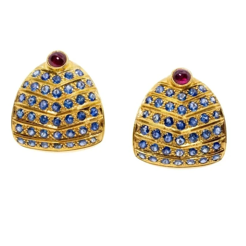 Elizabeth Gage Pink Tourmaline, Blue Sapphire, and 18K Gold Earclips