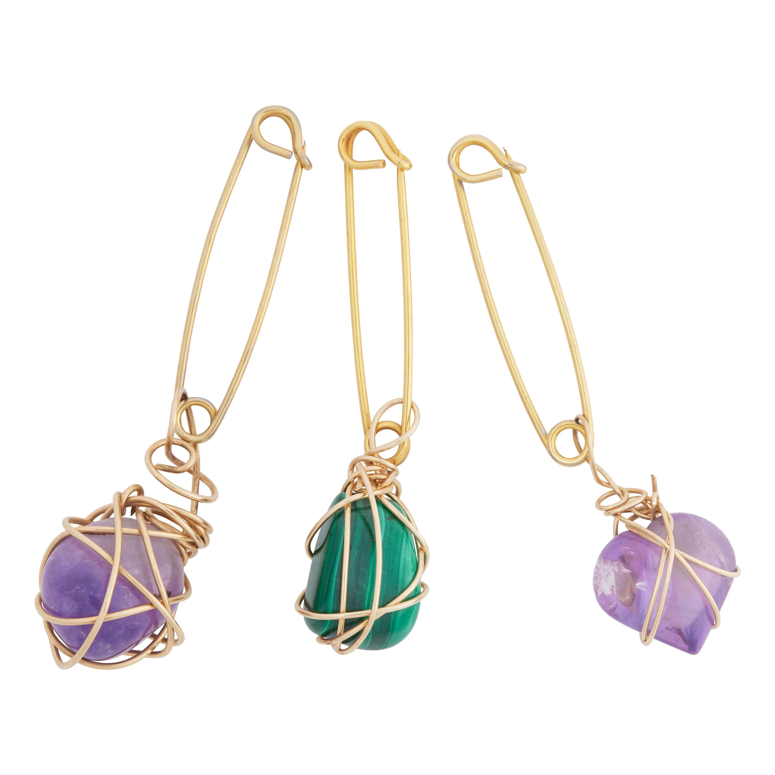 Kazuko Oshima 3 Gold, Amethyst, and Malachite Safety Pin Brooches