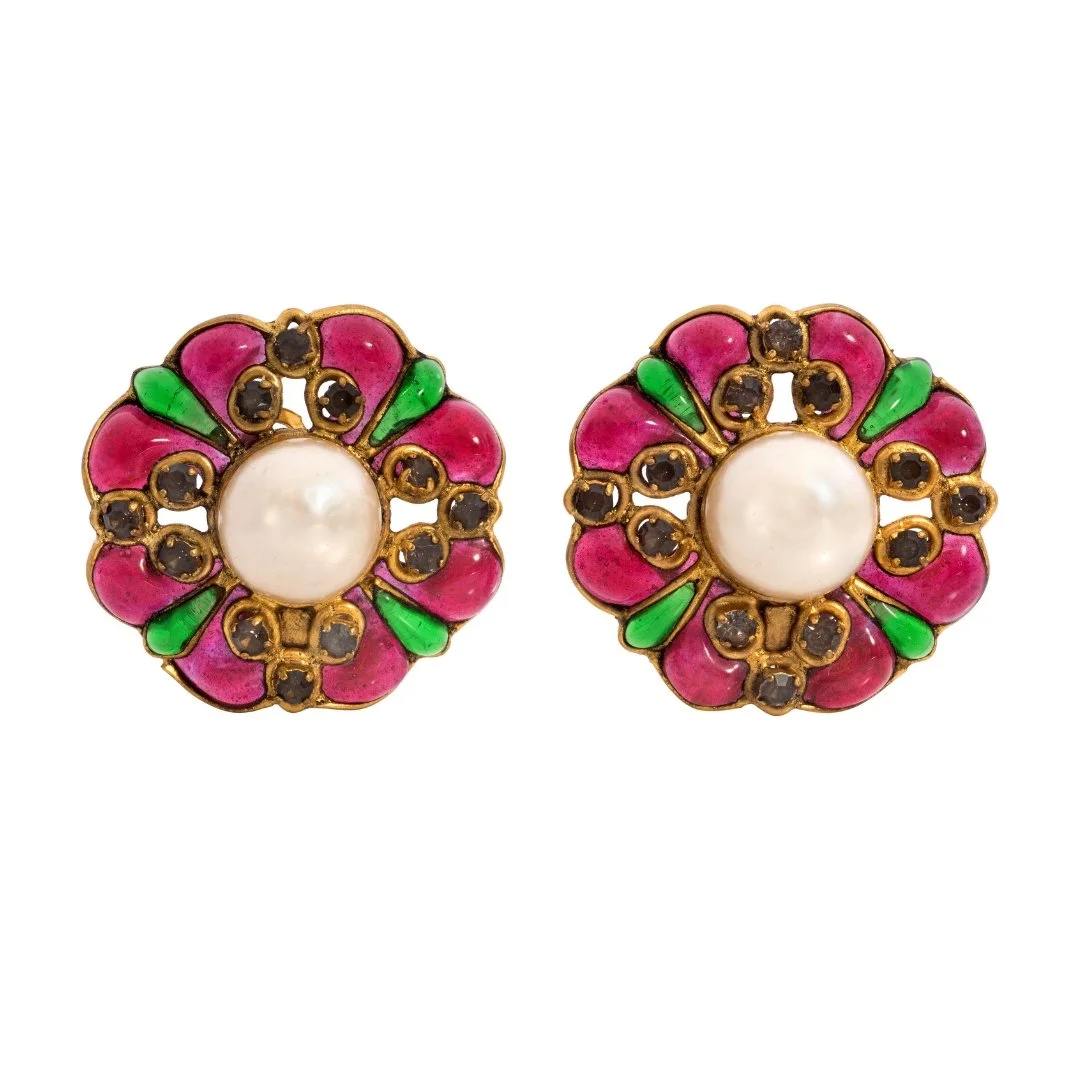 Chanel Vintage Gripoix Glass and Pearl Flower Earrings