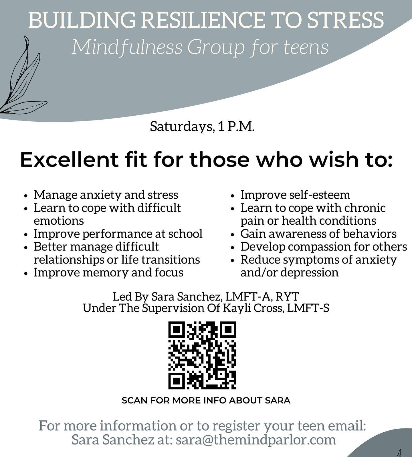 Hey DFW folks! This is an awesome resource for teens led by quite the talented clinician &mdash; Sara Sanchez, LMFTA &mdash; who offices over at @themindparlor &mdash; holler at her for more info if you&rsquo;re interested in this group or know of so