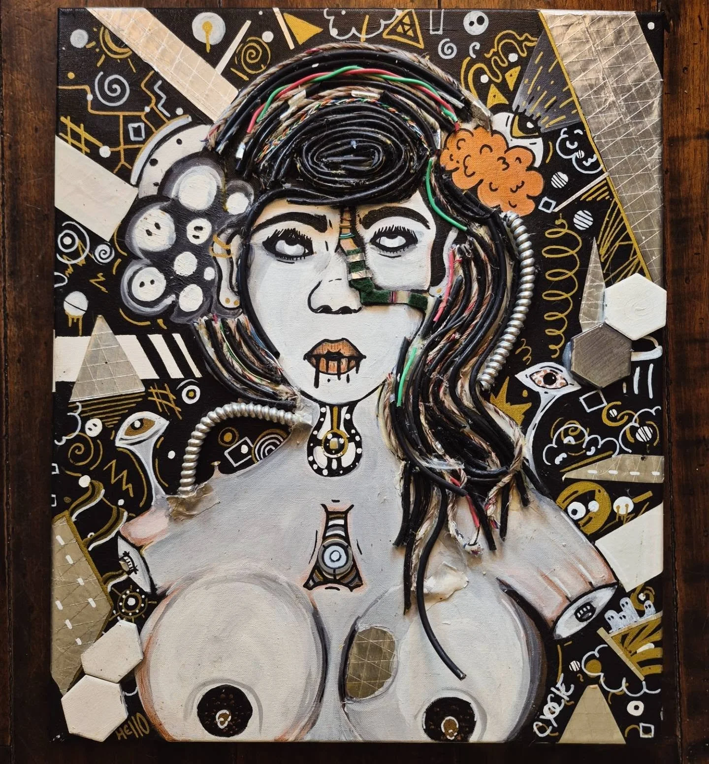 Athena: Built to perfection,time for an update. 

✨️20"in x20"in | 2025 |
Acrylic &amp; Upcycled Wires/Coils/Tile

I will be curating a few group art exhibit next year and working on another solo show to tour more of my work in LA

✨️NFS

#