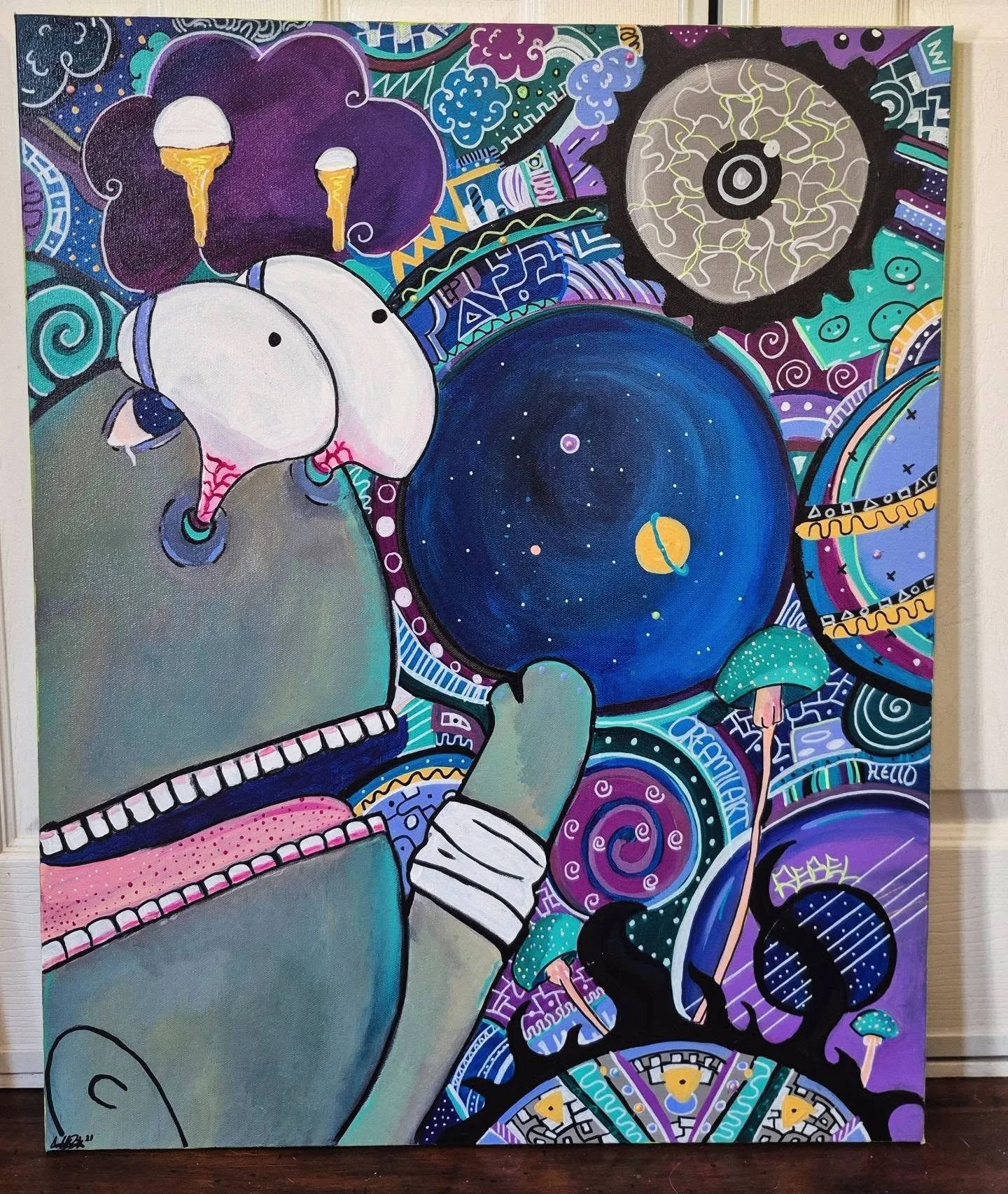 When I am not crying and in a depressive state I tend to paint. ~ Where should I show next? 

"OOTW' 
20"X24" $1300

#creamiiart #laartist #popsurrealism #afrofuturisticart
