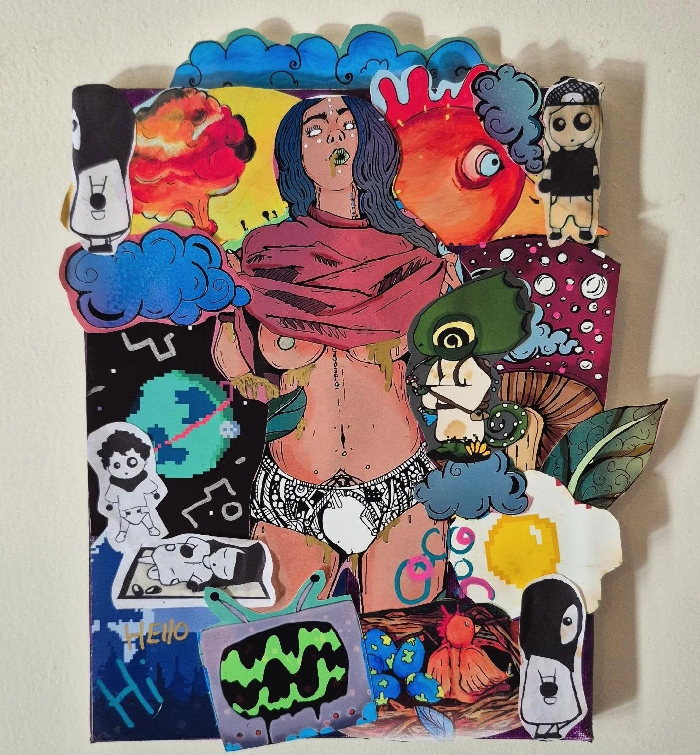 I like to use my misprints and scrapped ideas to create collages of the Creamii Universe. Circa 2021'
There is whole stack just sitting in my closet that I need to sort through to make a couple more canvases.

My portfolio is on my website you should
